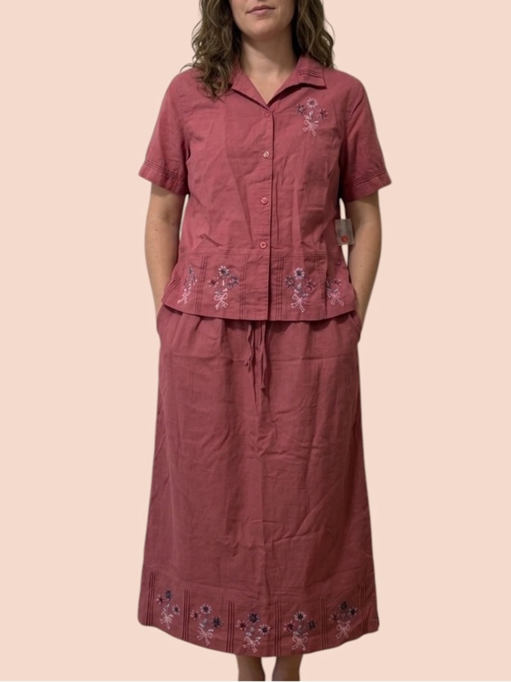 Alfred Dunner Linen Cotton Blend Rose Pink Embroidered Top Sz 12 Skirt Sz 10 Set